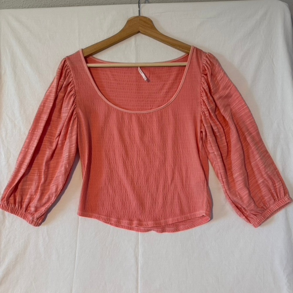Free People Smocked Top Puff Sleeve Scoop Neck Cottagecore Boho Peasant Fairy